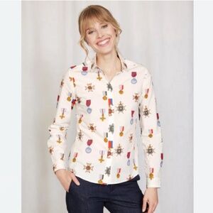 BODEN WOMENS CLASSIC SHIRT BUTTON DOWN WHITE MEDAL PRINT SIZE 10 COTTON BUSINESS